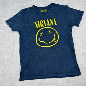 Nirvana Mens M Navy T-Shirt Smiley Face Band Tee Grunge Vintage‎ Rock Distressed